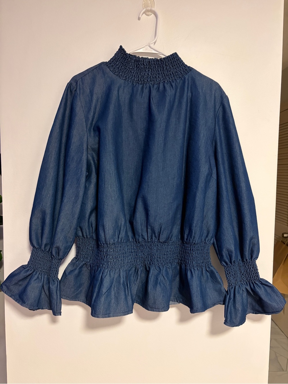 Ashley Stewart Denim Peplum Top Smocked Neck Puff Sleeves Blue Size 12/16 - Picture 2 of 12